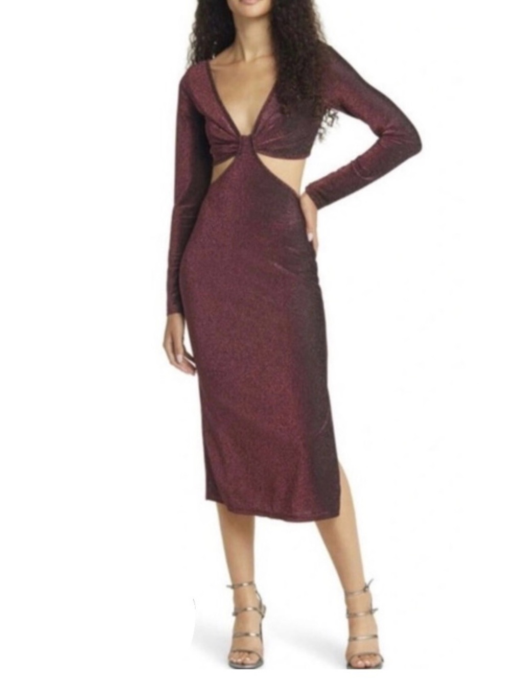 Lulus Sparks of Love Burgundy Metallic Cutout Long Sleeve Midi Dress (Size: S)